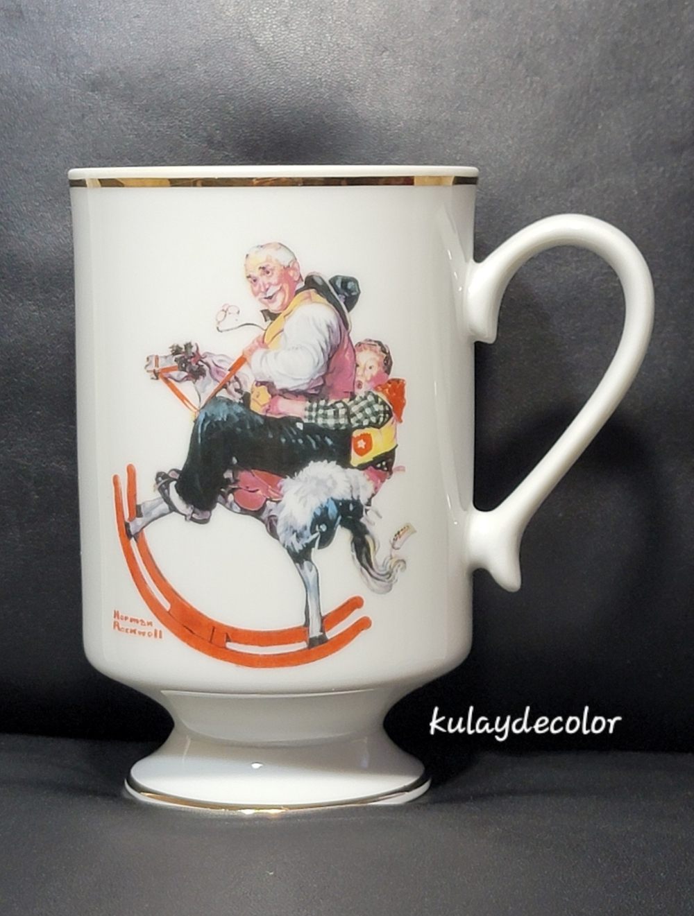 Norman Rockwell “Gramps at the Reins” Mug Danbury Mint Vintage Pedestal Cup Gold